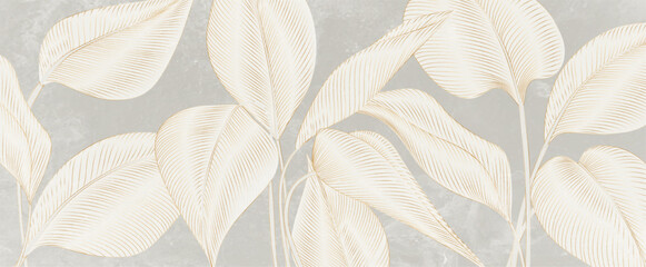 Abstract botanical art background with large, hand-drawn tropical leaves in line style. A natural botanical banner for decor, wallpaper, packaging, prints, textiles, and interiors.