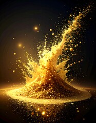 A pile of shining, golden dust explodes upwards in a dynamic flow, sparkles around a dark space