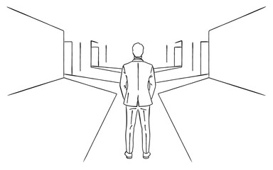 分岐点に立つビジネスマンの後ろ姿の線画｜選択と決断のコンセプト