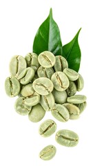 A pile of unroasted green coffee beans with green leaves above isolated against a plain white background