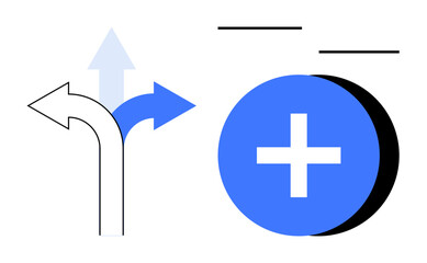 Obraz premium Decision-making visual. Arrows choice and direction, while the plus symbol suggests growth or addition. Decision-making in business strategy, planning, growth, innovation, education