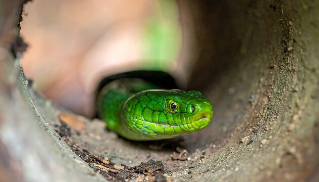 A vibrant green snake peers out from a hole in a tree trunk, captured in natural light
