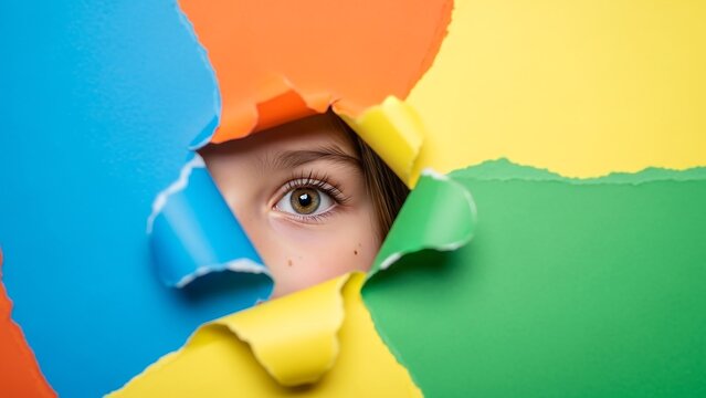 Curious person peeking through colorful paper.