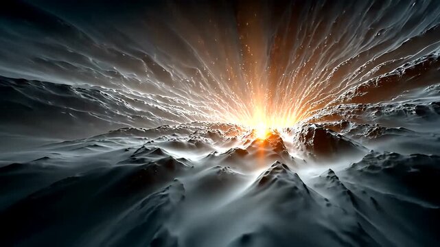 Dramatic abstract landscape with glowing light breaking through dark, textured clouds over mysterious mountains.