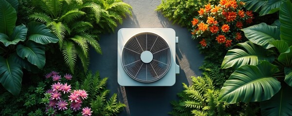 Air conditioning unit on wall surrounded by rich green plants and vibrant flowers. Outdoor appliance blends with nature. Cooling technology in garden setting.