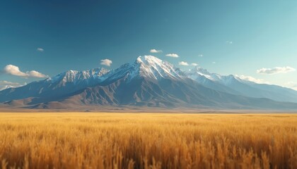 Golden wheat field stretches towards snow capped mountains under a clear blue sky. Vast natural landscape evokes sense of peace and wide open space. Rural scenery with natural beauty.