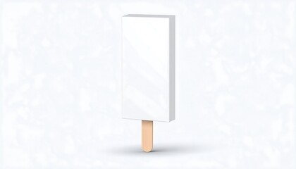 A white, rectangular popsicle on a stick casts a soft shadow against a blurred, snowy, white backdrop