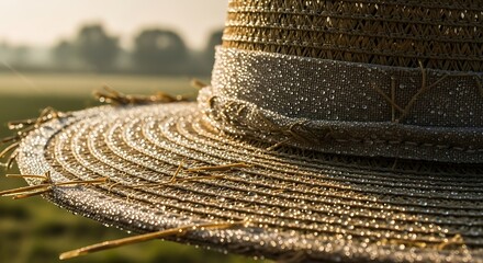 Close up of a straw hat resting on a fence post in a field at sunrise.