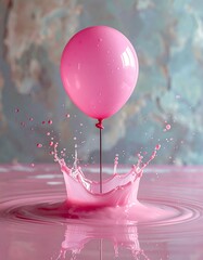 A pink balloon drops into a pool of pink liquid, creating a vibrant splash with visible ripples against a mottled backdrop