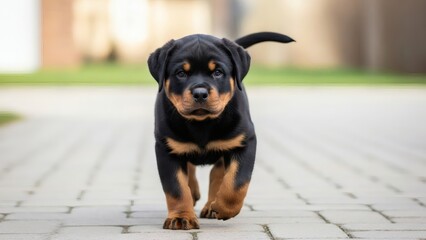 Adorable young Rottweiler puppy confidently exploring urban outdoor pathway engaging viewers with