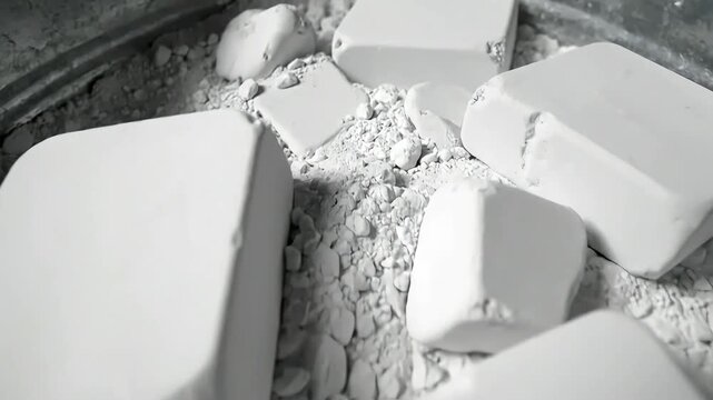 Textured White Chalk Blocks and Powder Dust Close-up