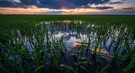 Flooded Rice Field Reflecting Sunset Sky at Dusk.