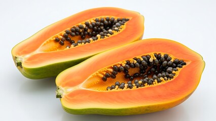 Fresh cut papaya fruit on white.