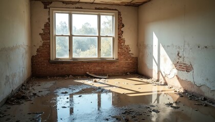 Damaged room with flooded floor and exposed brick walls after water incident. Debris and mud cover the ground. Sunlight streams through a large window, casting shadows.