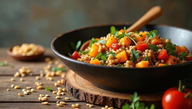 Hearty roasted butternut squash farro salad with cherry tomatoes and fresh herbs in dark bowl. Wooden spoon rests in colorful, healthy grain dish. Served on rustic wood table with scattered pine nuts.