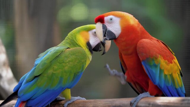 Two colorful macaw parrots perched on a wooden beam.