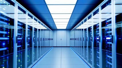 Symmetrical hallway with server racks in a data center, blue lighting, and a perspective view - Powered by Adobe