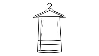 Line drawing of a towel hanging from a wooden hanger. The towel has striped detail near the bottom. The background is white