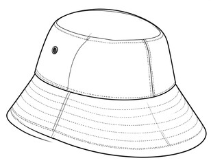Line drawing of a unisex, lightweight hat with a circular top and a downward sloping brim. Features a metal eyelet