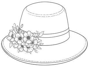 Line drawing of a wide-brimmed hat adorned with a cluster of stylized flowers and leaves, perfect for coloring or design