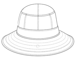 Line drawing of a wide-brimmed hat. It features a round crown, a structured band, and a circular, expansive brim. All in outlined style