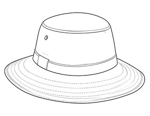 Line drawing of a wide-brimmed sun hat, featuring a cylindrical crown, band detailing, and a circular air vent