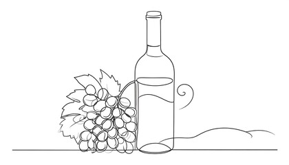 Line drawing of a wine bottle, a bunch of grapes with leaves, and a stylized curved line. The wine bottle has a simple form
