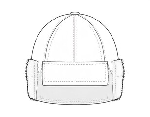 Line drawing of a winter cap with ear flaps and a rectangular front panel. The cap is detailed with seams