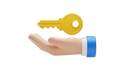 Hand holding a golden key in a 3D render on transparent background