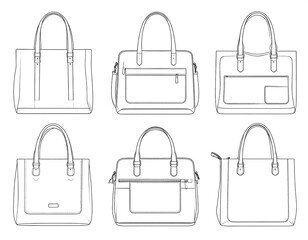 Line drawing of six different handbags, showcasing front views with varying shapes, handles, pockets, and closures