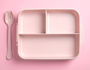 A pink bento box with three compartments and a pink spork sit on a pink background, overhead view