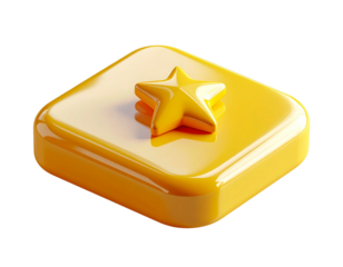 Glossy 3D yellow star icon on a rounded square. Perfect as a favorite button or top rating symbol. High-quality PNG graphic for modern app and web interfaces