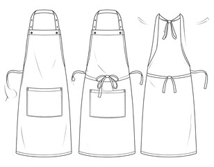 Line drawing of three different apron designs, showcasing variations in straps, pockets, and ties