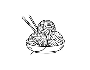 Line drawing of three yarn balls nestled in a bowl with two needles, ready for a knitting project