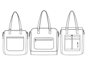Line drawing of three rectangular shoulder bags, variations in design including pockets and different strap styles