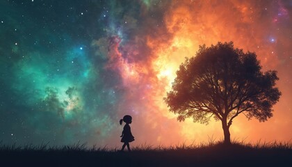 Fototapeta premium Silhouette of small child walks on grassy field near tree under colorful nebula sky. Stars glow brightly in cosmic expanse creating wonder and imagination.