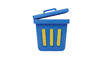 Blue trash can with open lid and yellow accents on transparent background