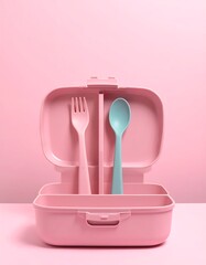 A pink lunchbox with a pink fork and blue spoon against a pink background in a studio shot