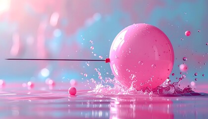 A pink needle pierces a pink sphere causing water to splash in pink-blue light ambiance