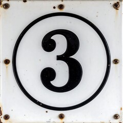 A white tile square displays a bold, black "3" encircled, mounted with six screws against a neutral background