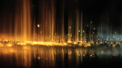 Vibrant Golden Light Beams Reflect on Dark Surface with Abstract Bokeh Glow.