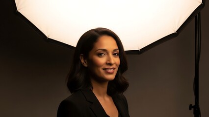 Smiling businesswoman in studio lighting portrait.