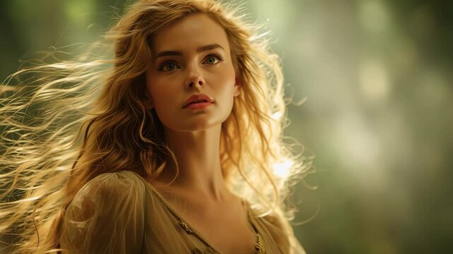 Portrait of Freya inspired by Norse mythology, showing a strong goddess figure with flowing hair, natural light, and a calm magical atmosphere