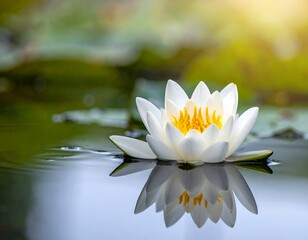 A white water lily with a yellow center floating on calm water, reflecting in the clear surface