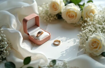 Wedding rings in opened box with white roses and invitation card. Bridal accessories arranged on table. Marriage proposal setting with golden bands and floral decor.
