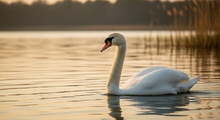Fototapeta premium Elegant swan gliding gracefully across a serene lake at sunrise casting golden reflections