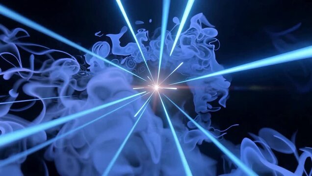 Blue light rays emanating from a central point with swirling smoke.