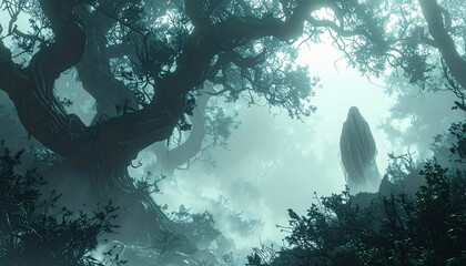 A spectral figure stands in a misty, ancient forest, sunlight filtering through the canopy