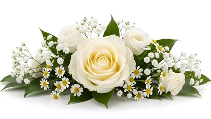Elegant floral arrangement of white roses, delicate daisies, and baby's breath with green leaves isolated on a white background