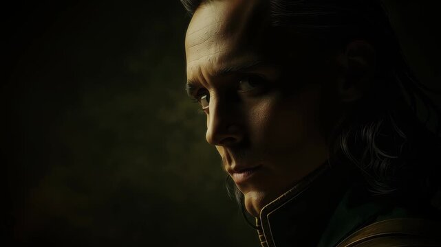 Portrait of Loki inspired by Norse mythology, showing a dark enigmatic god in shadow with a calm intense expression and dramatic cinematic lighting